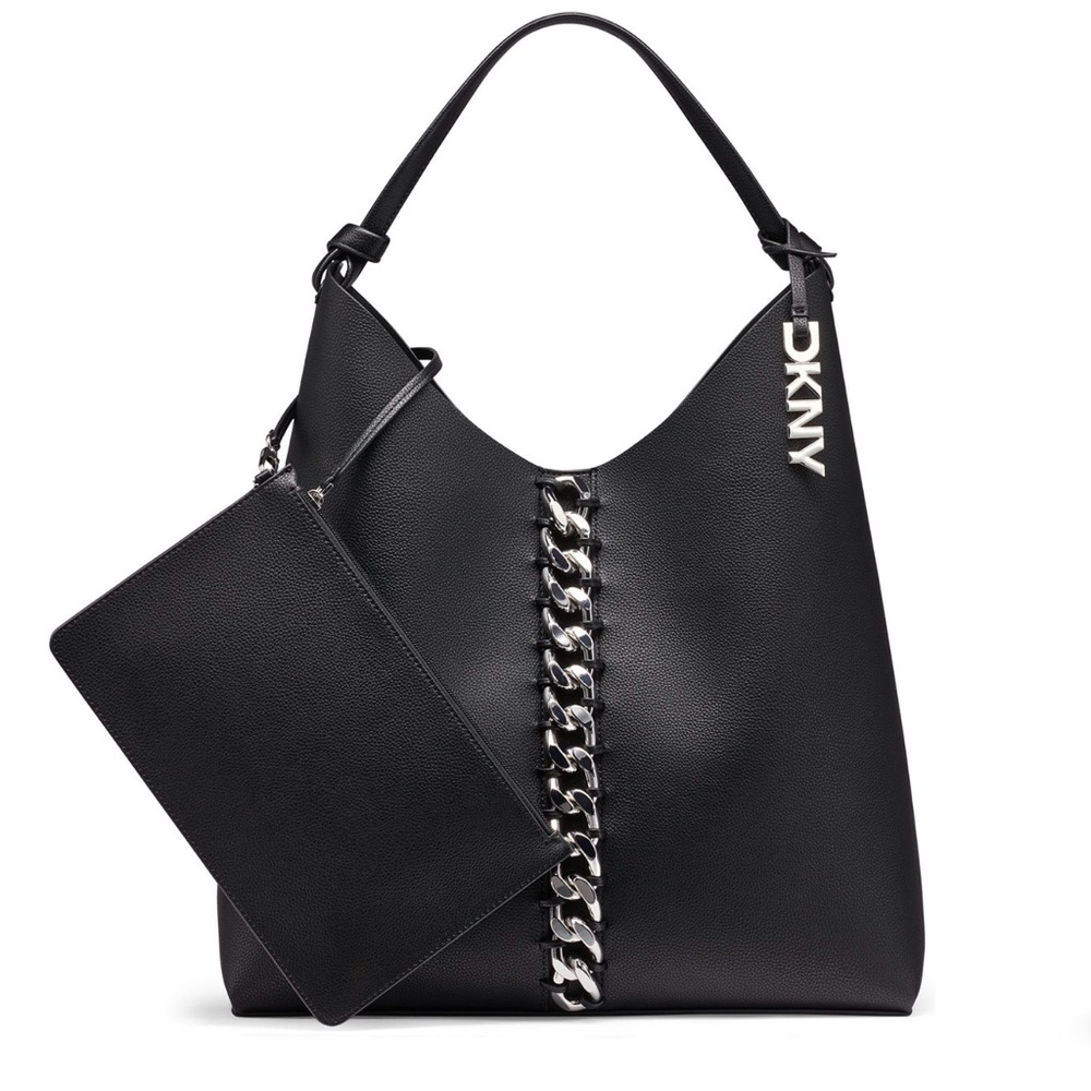 DKNY Paula Black Extra Large Hobo Bag with Silver Chain Detail